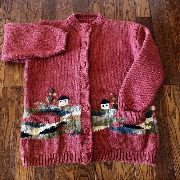 Vintage Dobrila Hand-Knitted Wool Sweater Womens XL Cardigan Houses 80s No Label - Picture 2 of 14